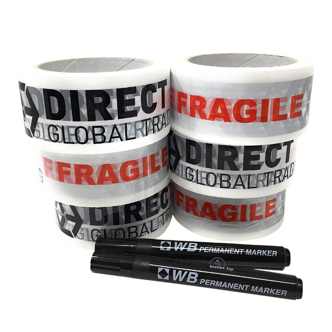6 Rolls of Quality Fragile Tape with 2 Black Marker Pens House Moving Kit