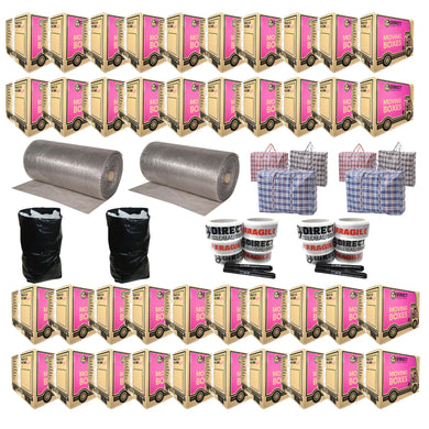 XL Moving House Package 40 Boxes, 2 Rolls of 60m Bubble, 10 Giant Black Bags 6 XL Laundry Clothes Bags 12 Rolls of Tape and 4 Marker Pens