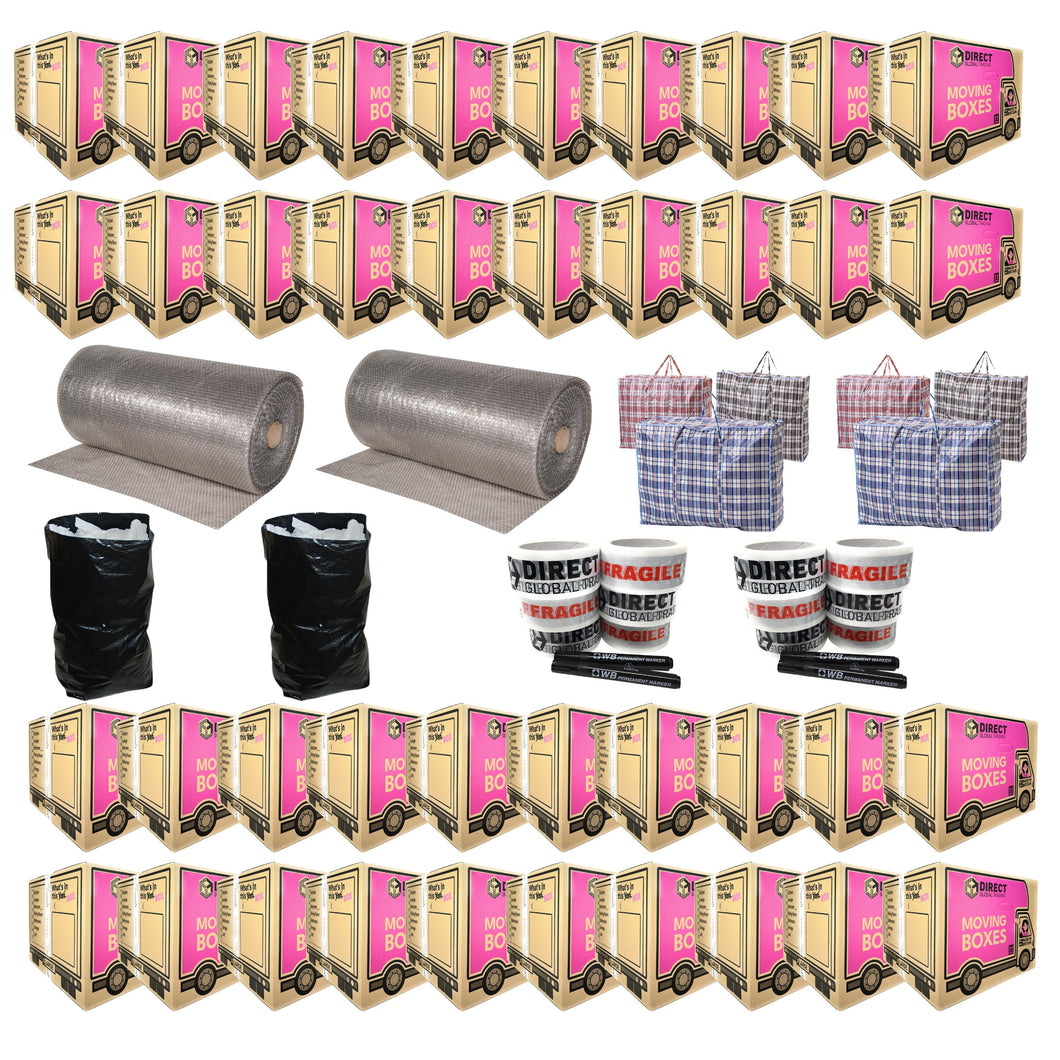 XL Moving House Package 40 Boxes, 2 Rolls of 60m Bubble, 10 Giant Black Bags 6 XL Laundry Clothes Bags 12 Rolls of Tape and 4 Marker Pens